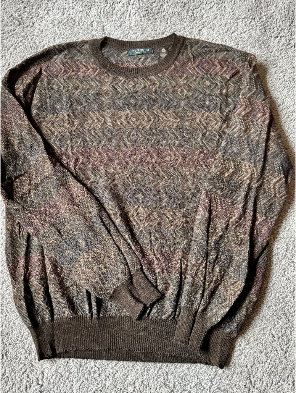 Segreto Men's 100% Pure New Wool Sweater XXL Brown Patterned Crew Neck